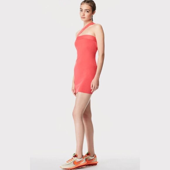 Herve Leger Coral Red Bodycon Mini Dress M NWT Asymmetrical Strap - Picture 5 of 7